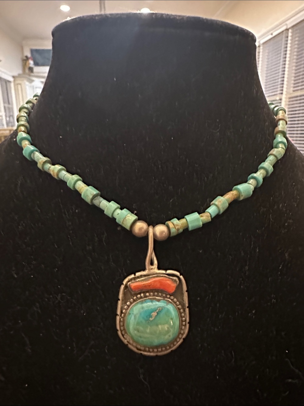 Silver, Turquoise and Coral Hand Beaded Pendant Necklace - Women's Jewelry